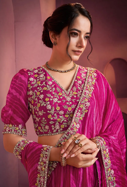 Hot Pink Satin Silk Saree With Hand Work & Embroidery