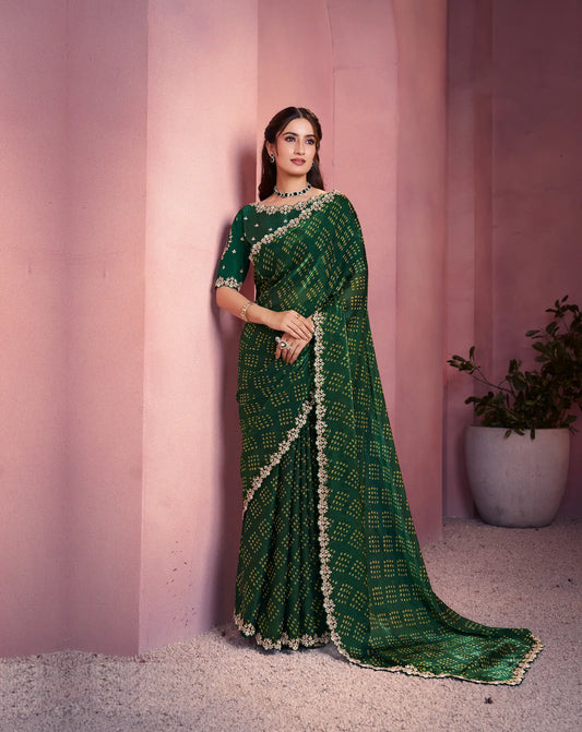 Dark Green Satin Silk Saree With Hand Work & Embroidery