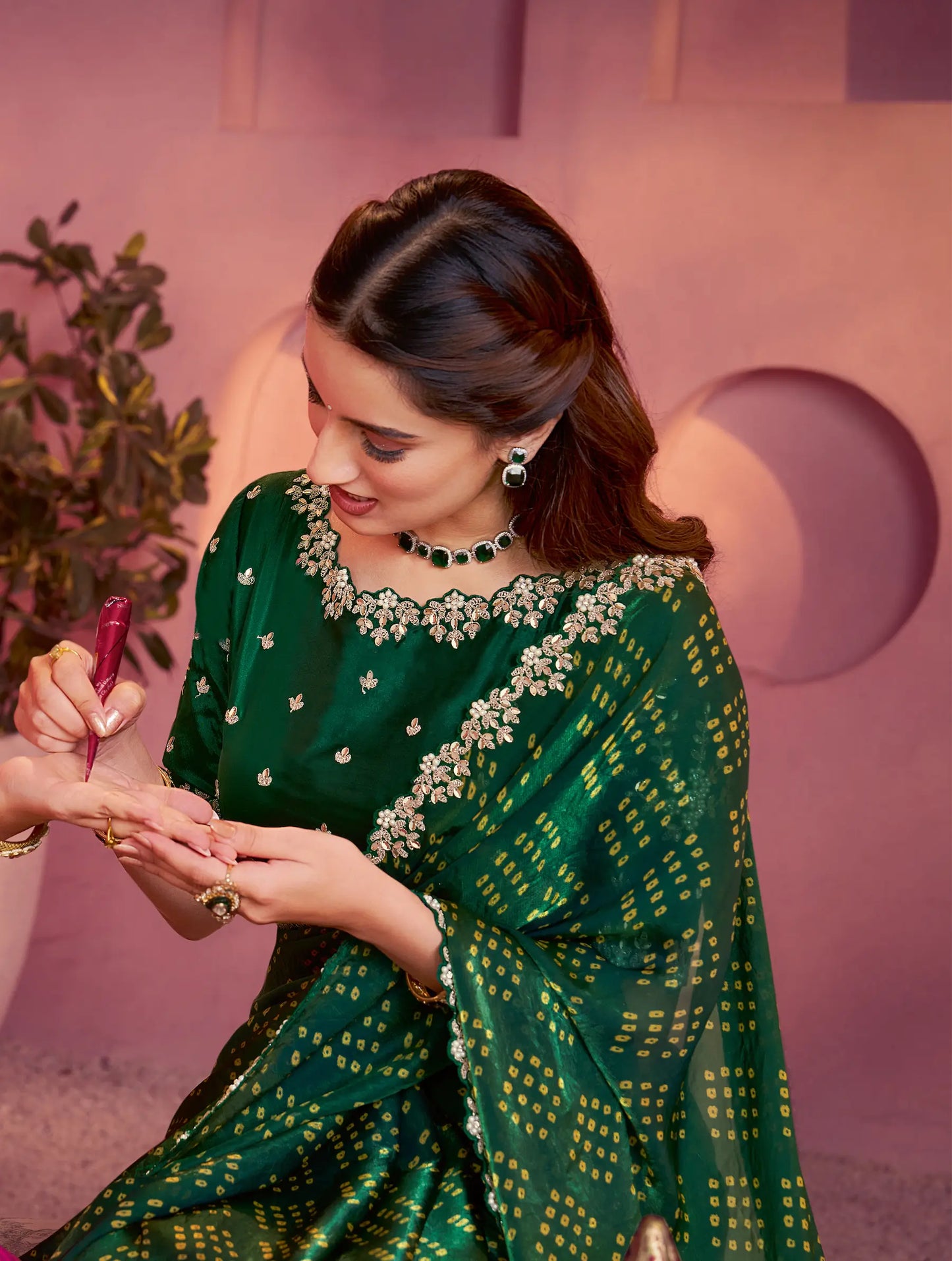 Dark Green Satin Silk Saree With Hand Work & Embroidery