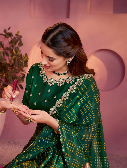 Dark Green Satin Silk Saree With Hand Work & Embroidery