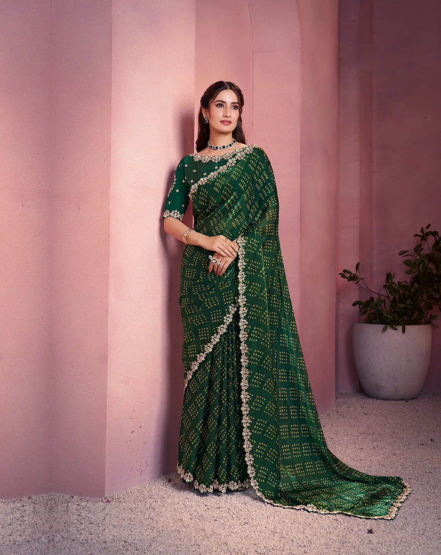 Dark Green Satin Silk Saree With Hand Work & Embroidery