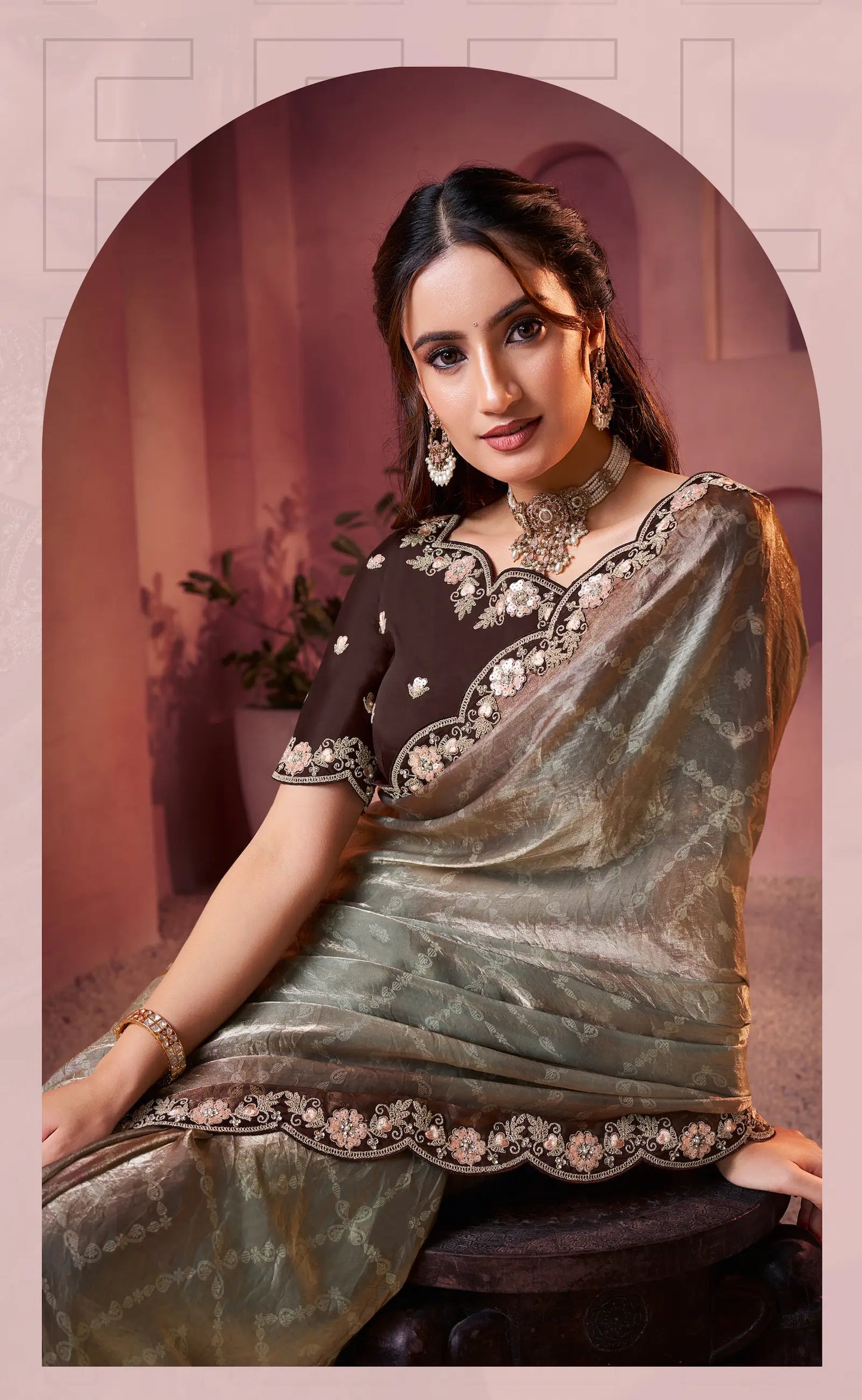 Dusty Grey Satin Silk Saree With Hand Work & Embroidery
