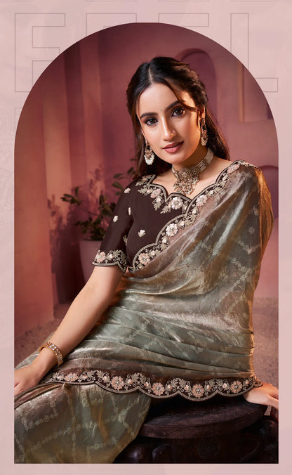 Dusty Grey Satin Silk Saree With Hand Work & Embroidery