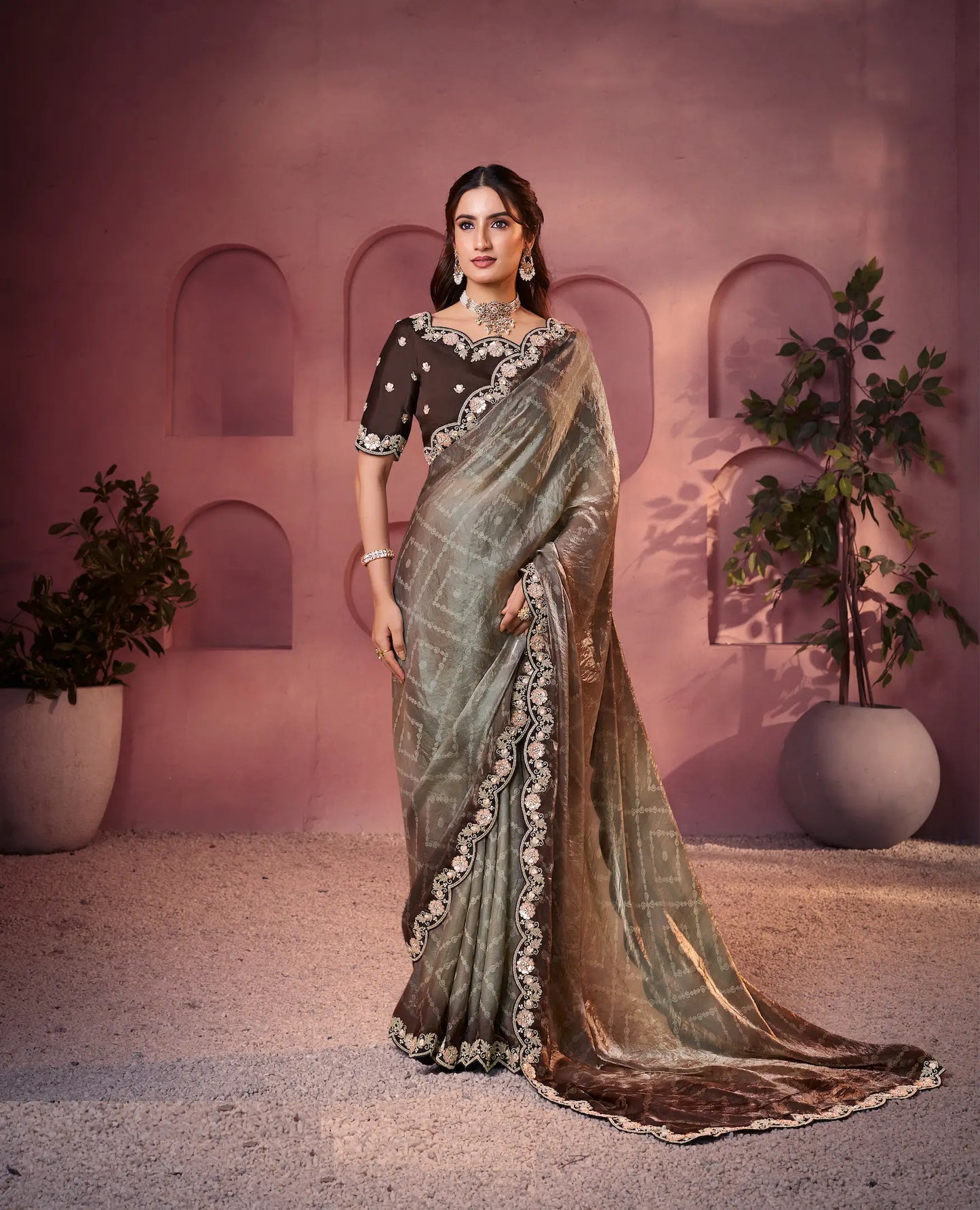 Dusty Grey Satin Silk Saree With Hand Work & Embroidery