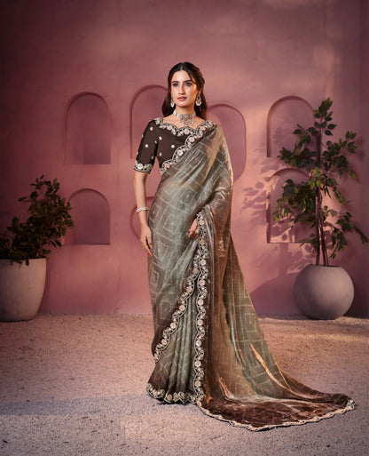 Dusty Grey Satin Silk Saree With Hand Work & Embroidery