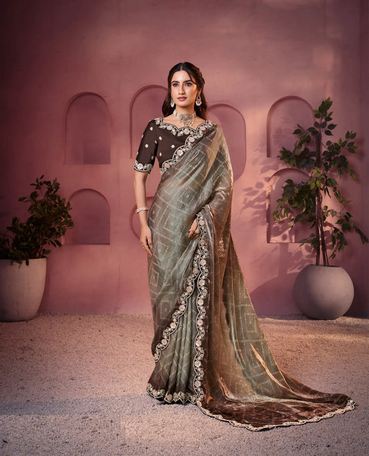 Dusty Grey Satin Silk Saree With Hand Work & Embroidery