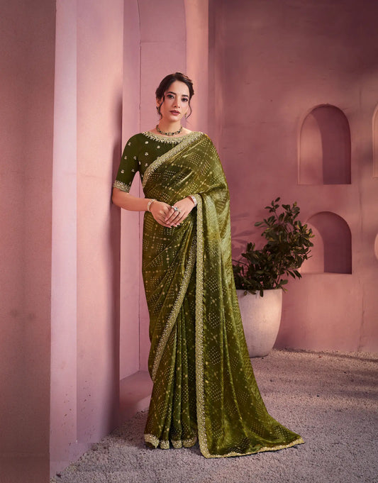 Shaded Olive Satin Silk Saree With Hand Work & Embroidery