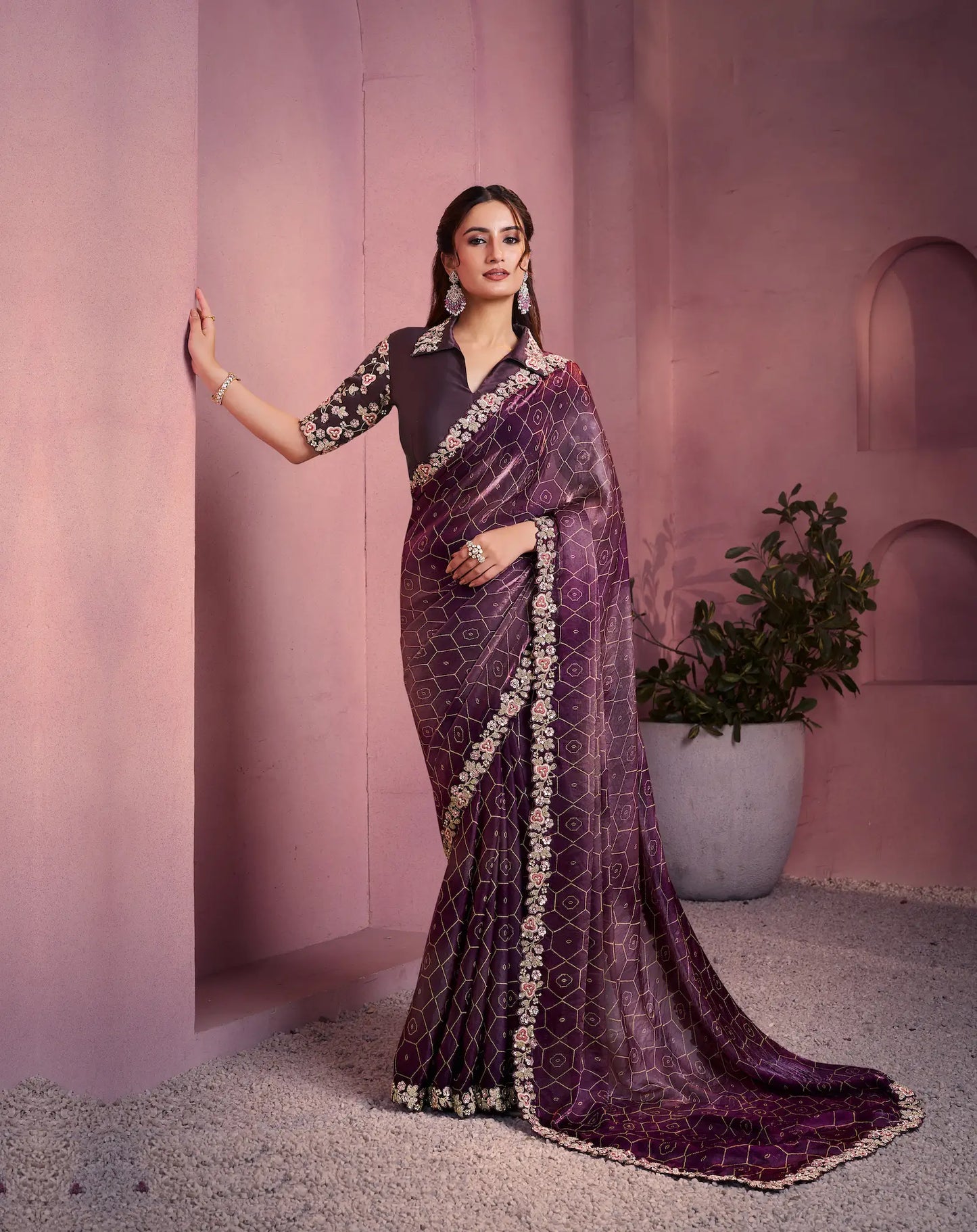 Mulberry Satin Silk Saree With Hand Work & Embroidery