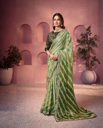 Shaded Green Satin Silk Saree With Hand Work & Embroidery