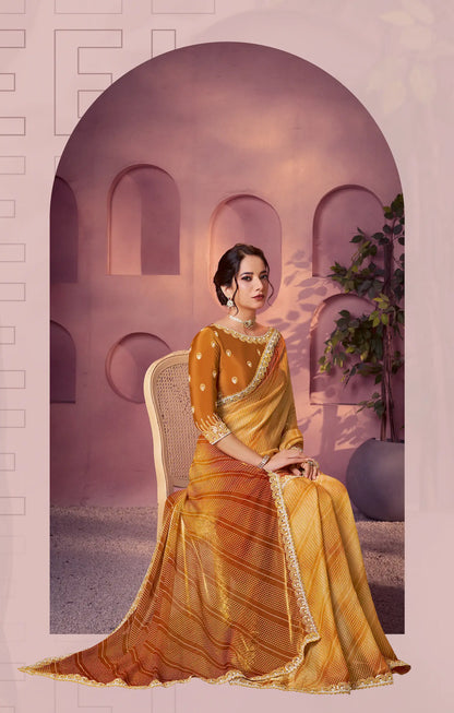 Dusty Orange Satin Silk Saree With Hand Work & Embroidery
