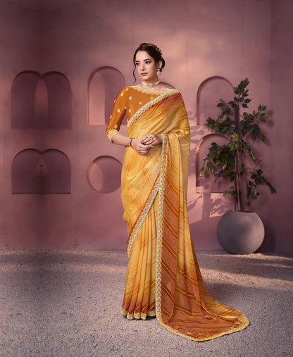 Dusty Orange Satin Silk Saree With Hand Work & Embroidery