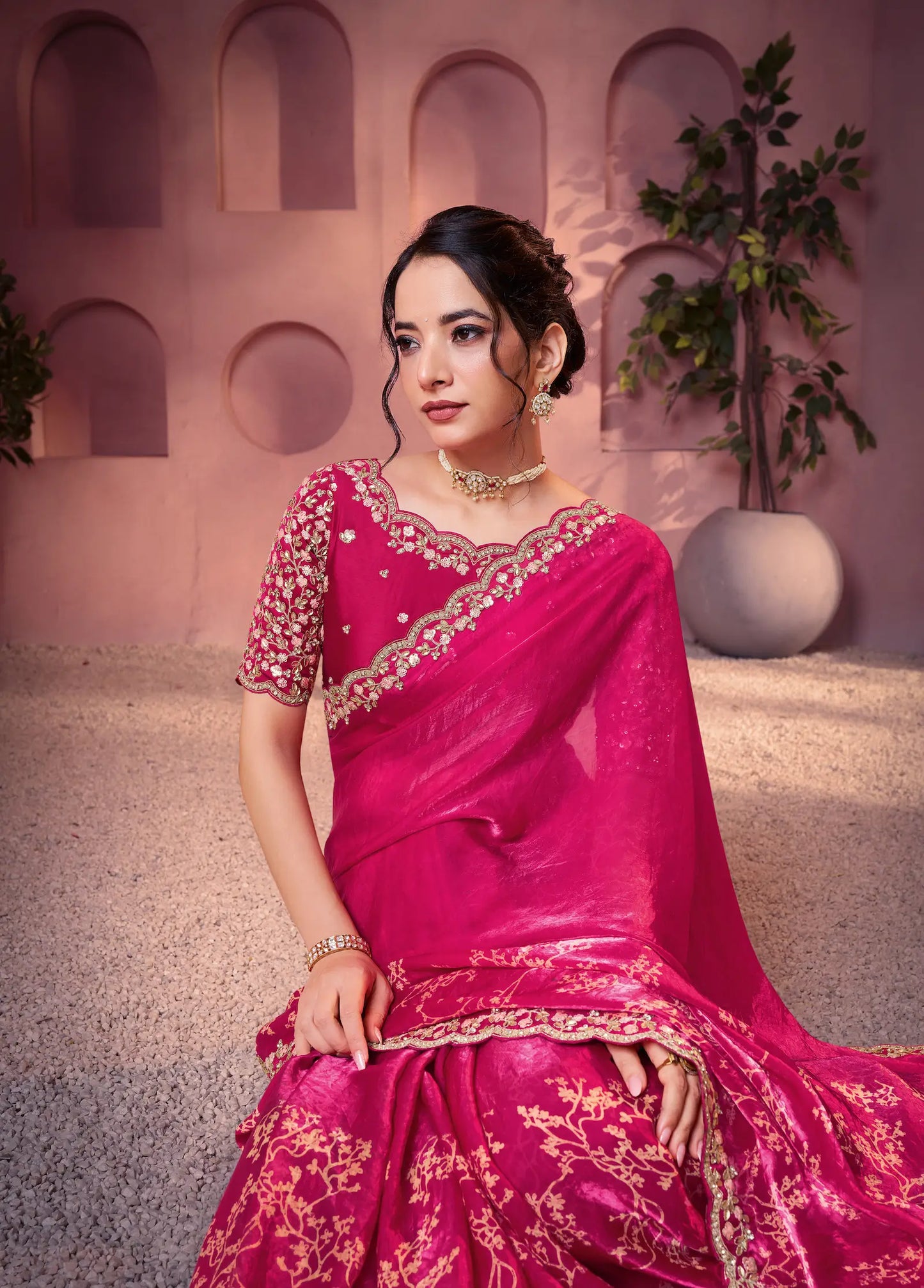 Raspberry Satin Silk Saree With Hand Work & Embroidery