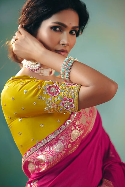 Hot Pink Dola Silk Saree With Embroidery Work Blouse