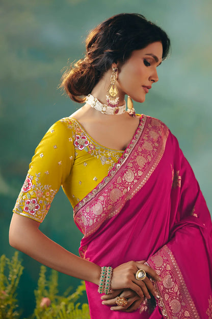 Hot Pink Dola Silk Saree With Embroidery Work Blouse