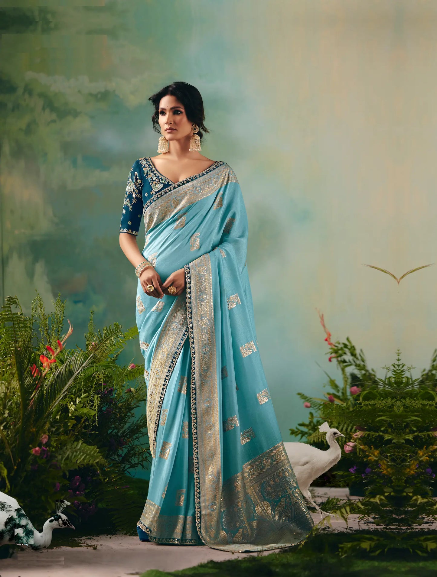Sky Blue Dola Silk Saree With Embroidery Work Blouse