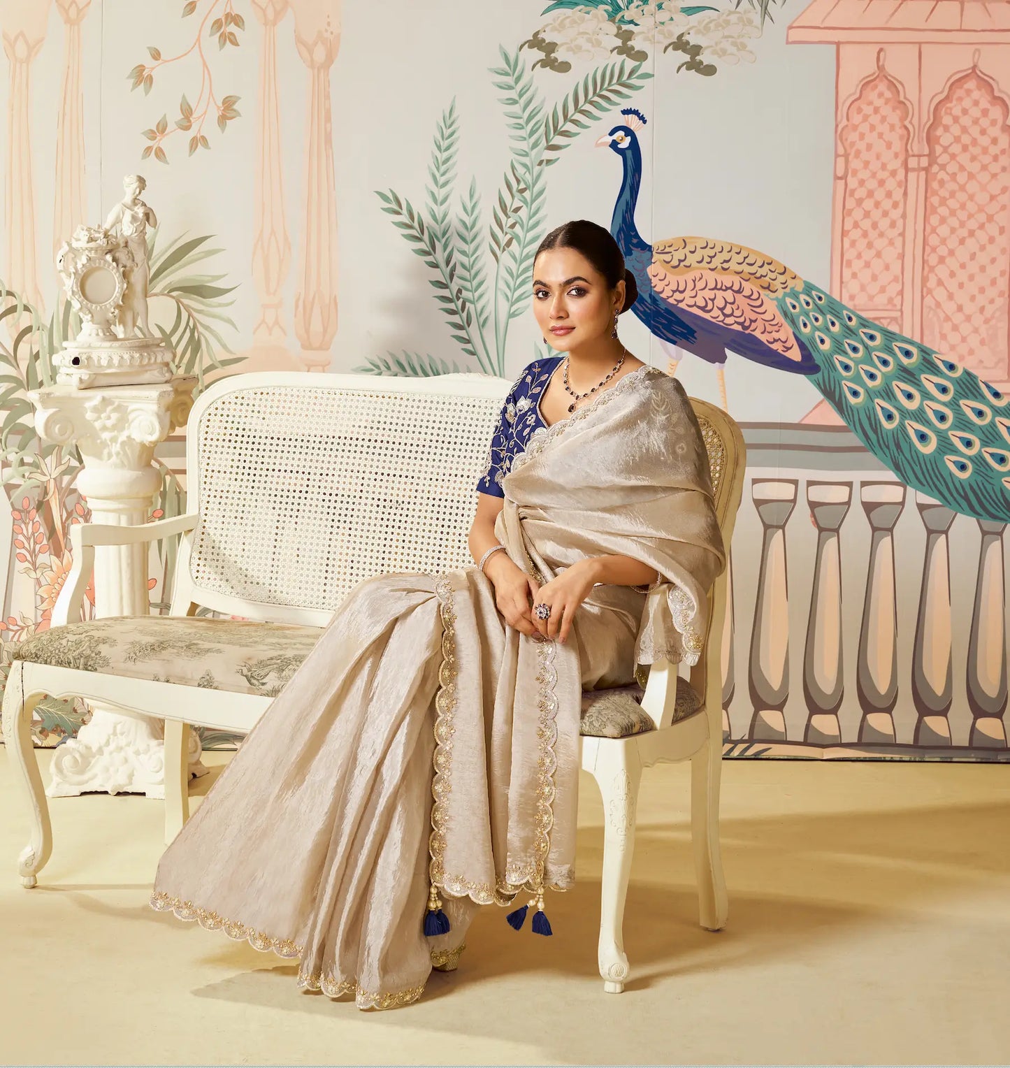 Shiney Beige Tussar Silk Embroidery Party Wear Saree