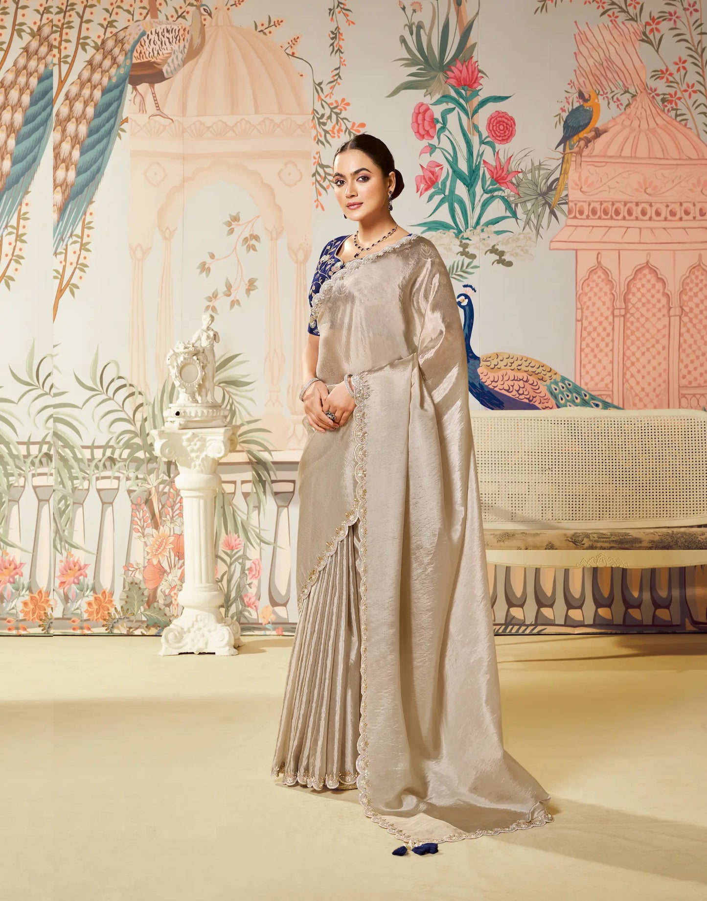 Shiney Beige Tussar Silk Embroidery Party Wear Saree