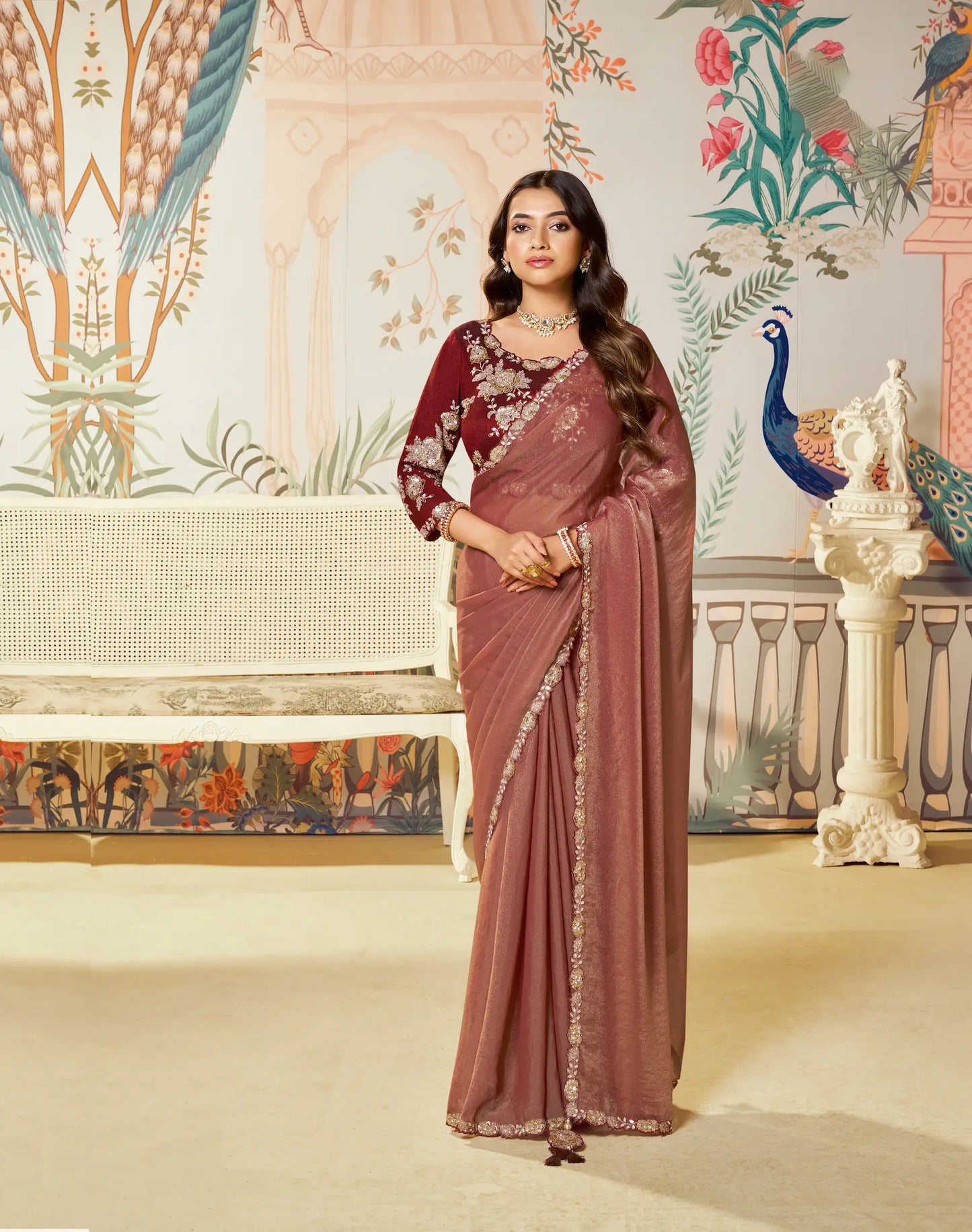 Rust Orange Satin Organza Embroidery Party Wear Saree