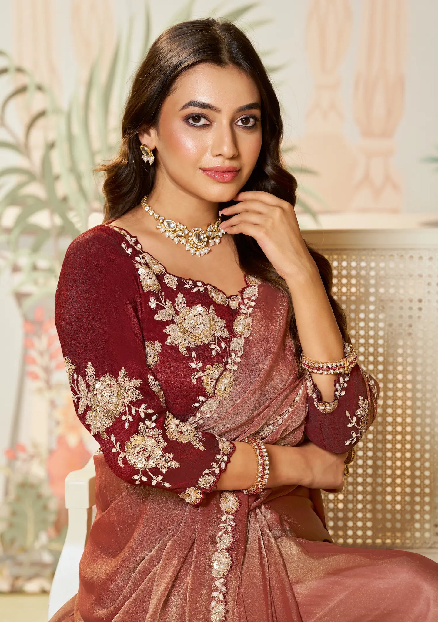 Rust Orange Satin Organza Embroidery Party Wear Saree