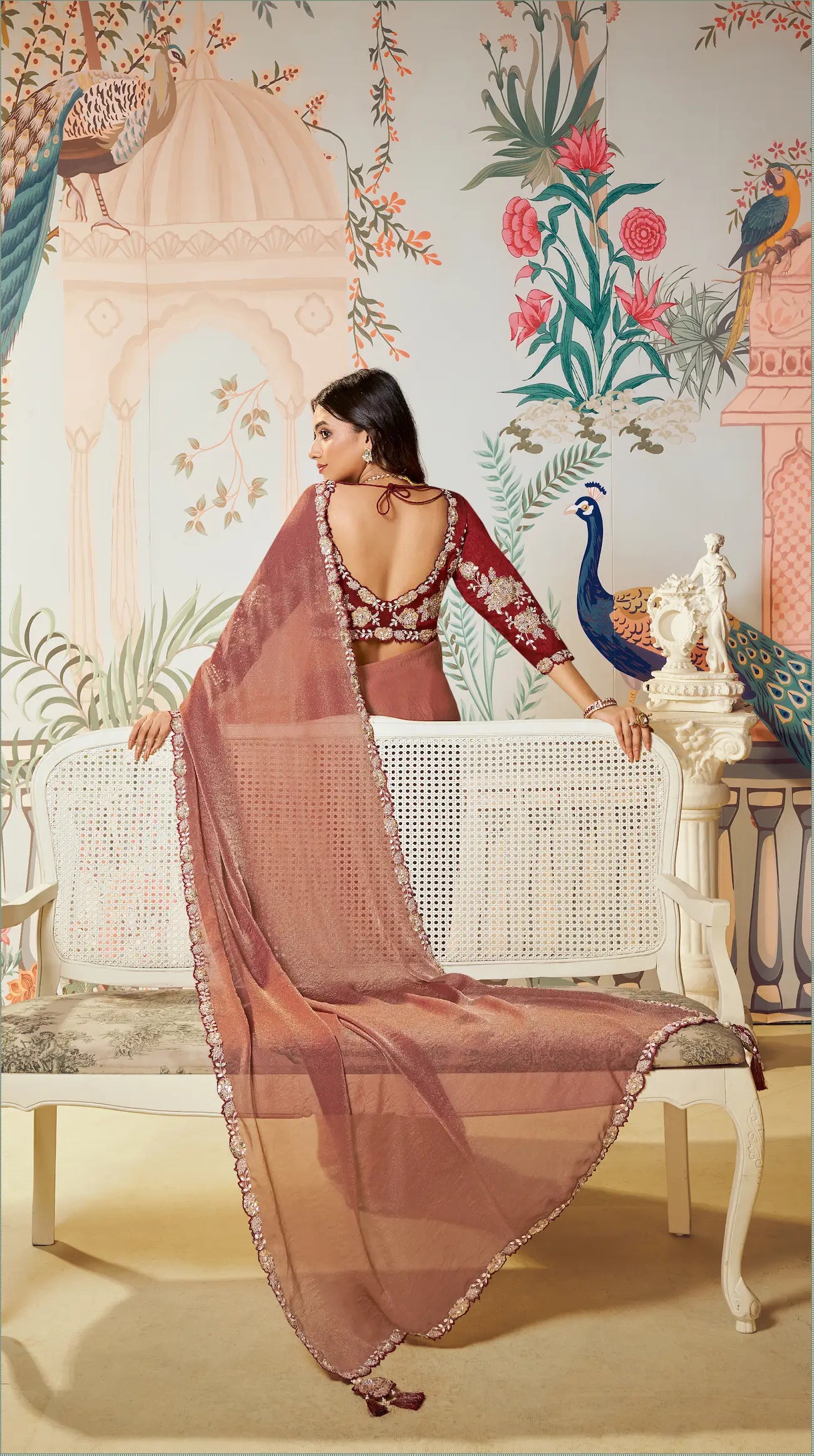 Rust Orange Satin Organza Embroidery Party Wear Saree