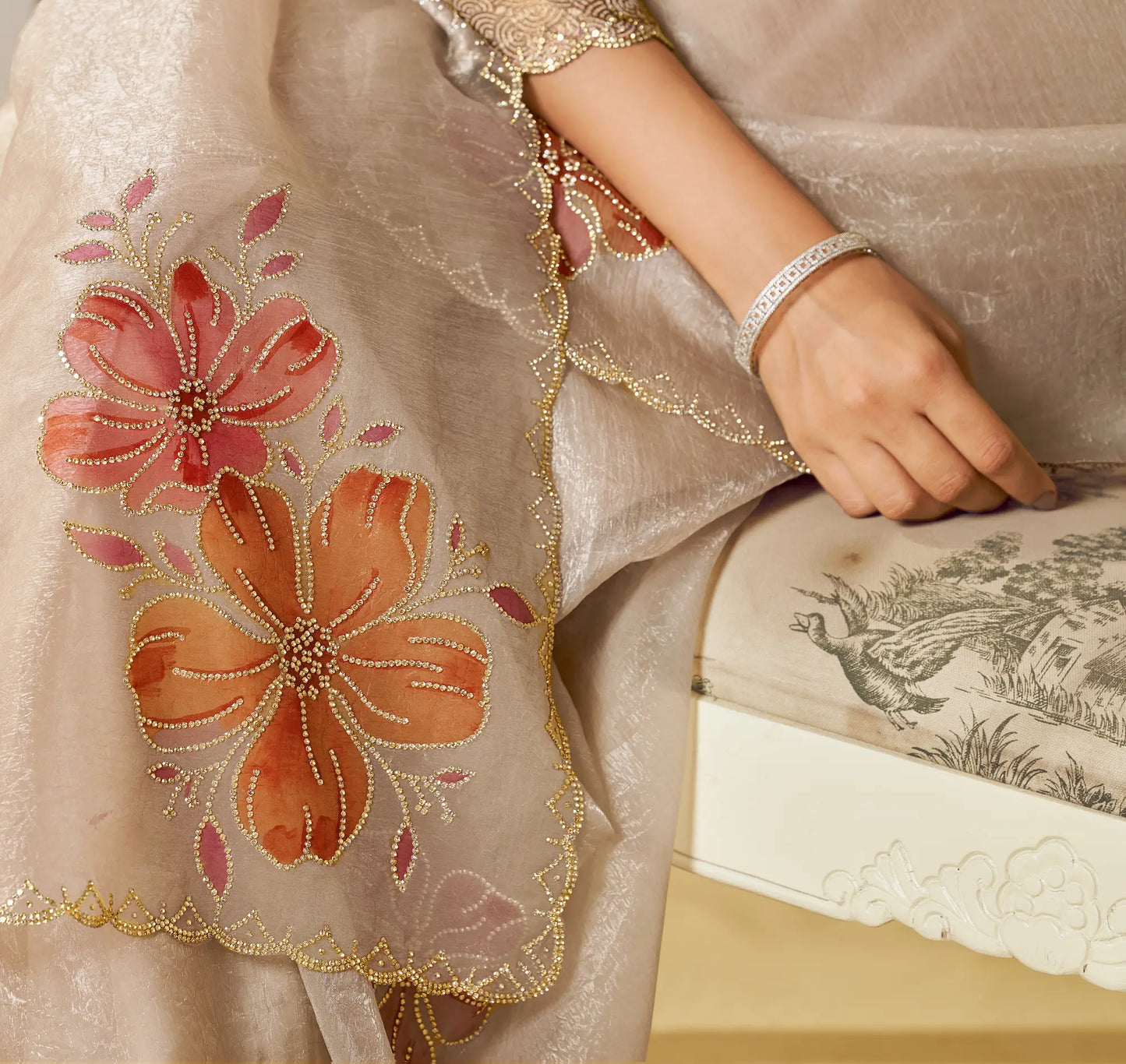 Sand Beige Satin Organza Embroidery Party Wear Saree