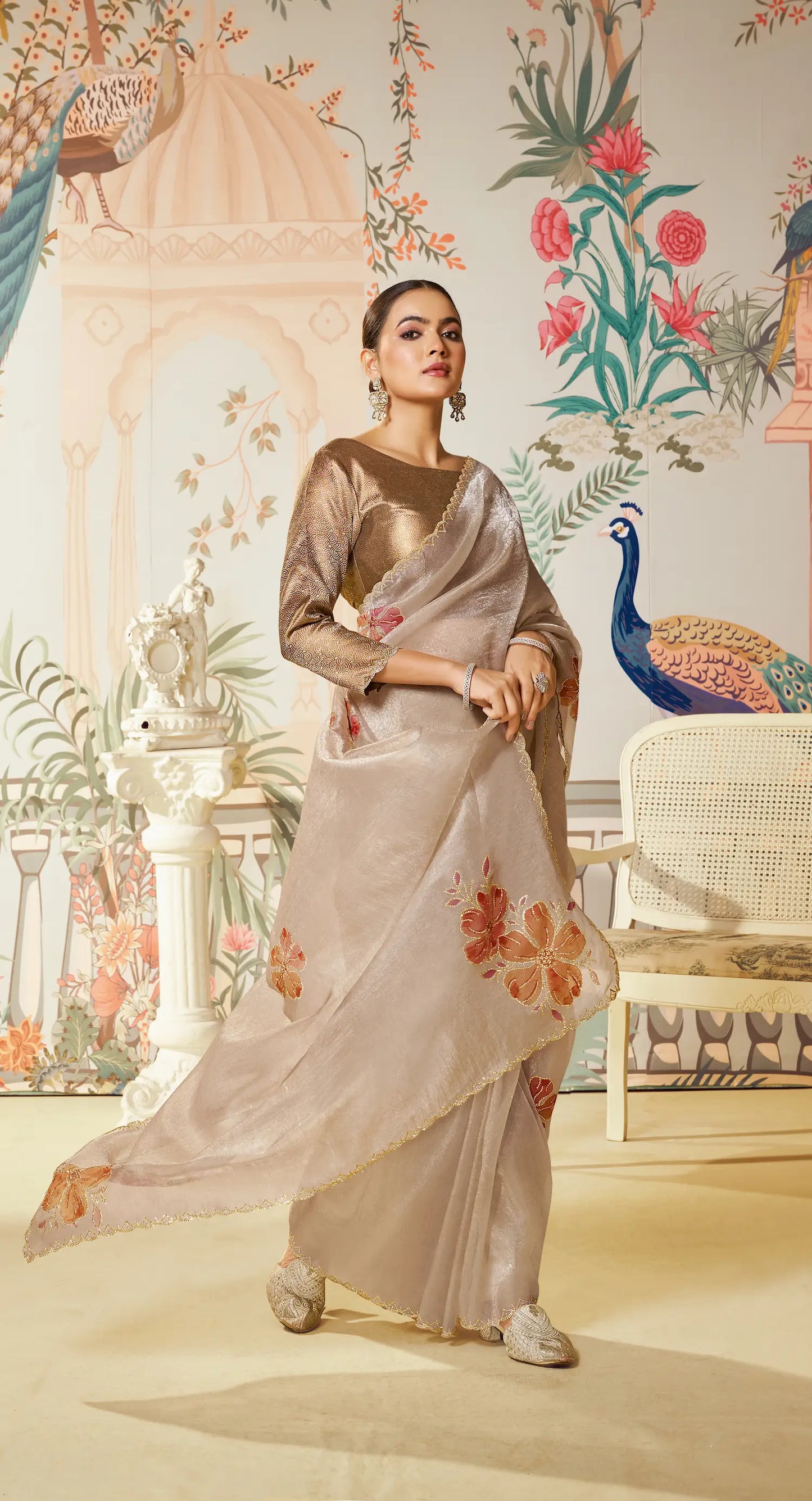 Sand Beige Satin Organza Embroidery Party Wear Saree