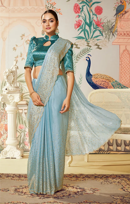 Sky Blue Satin Silk Embroidery Party Wear Saree