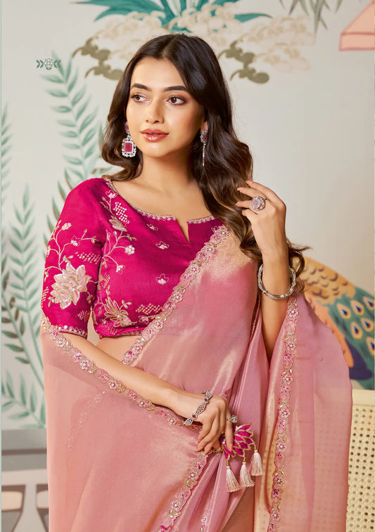Dusty Pink Zari Organza Embroidery Party Wear Saree