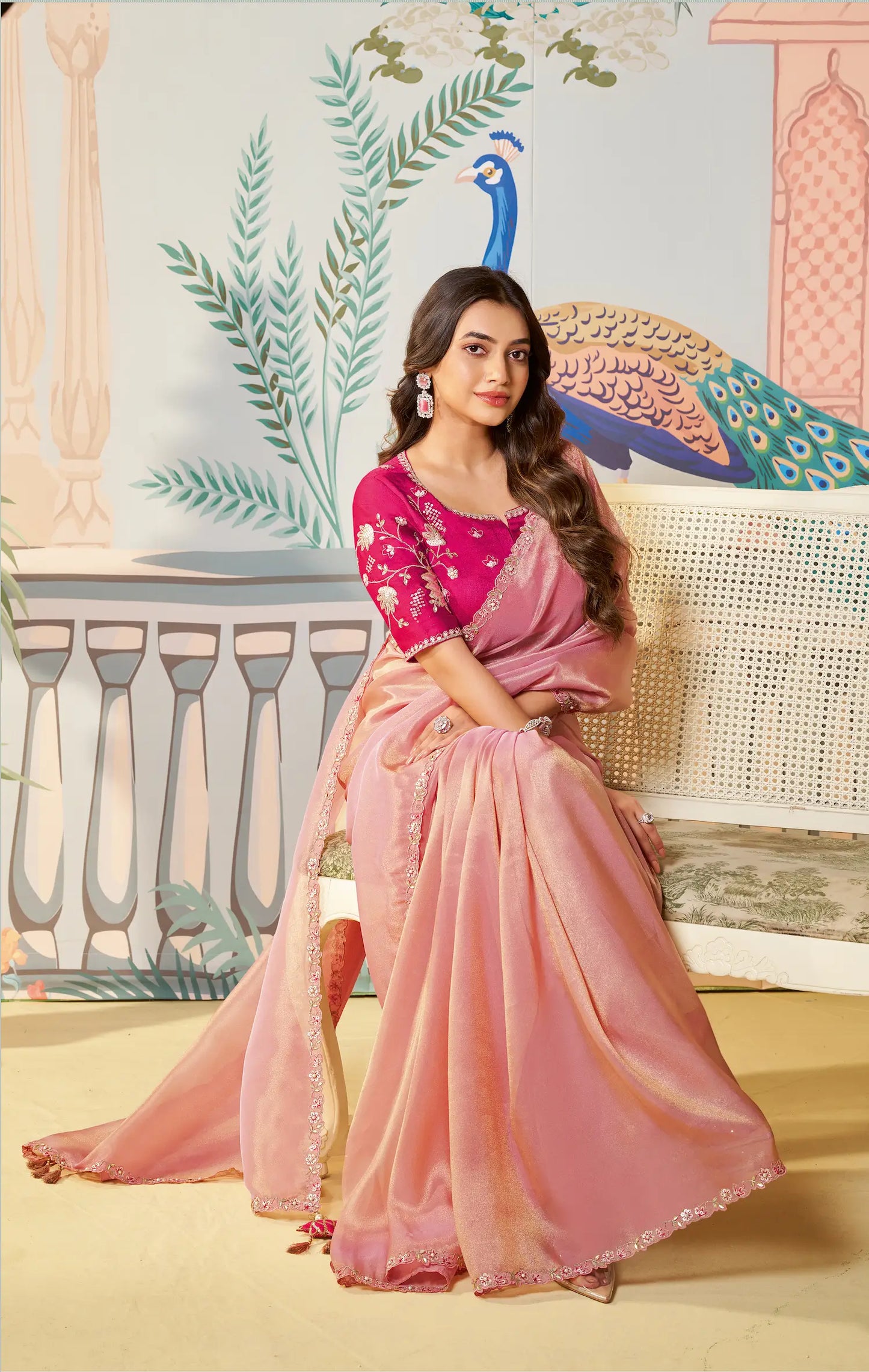 Dusty Pink Zari Organza Embroidery Party Wear Saree