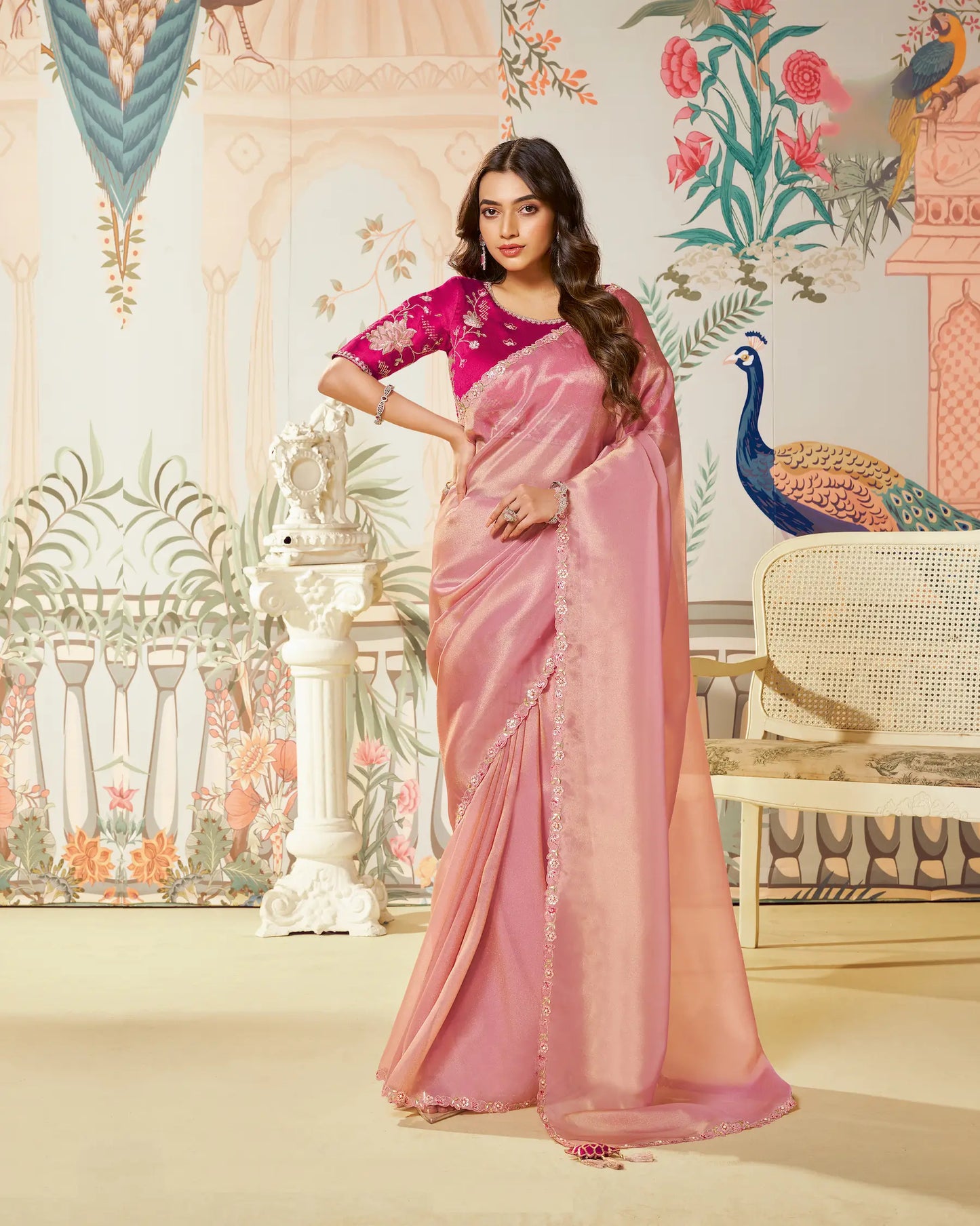 Dusty Pink Zari Organza Embroidery Party Wear Saree