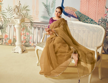 Golden Brown Satin Organza Embroidery Party Wear Saree