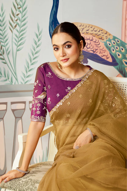 Golden Brown Satin Organza Embroidery Party Wear Saree
