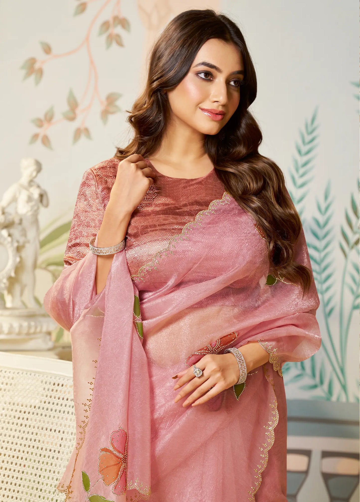 Peach Pink Satin Organza Embroidery Party Wear Saree