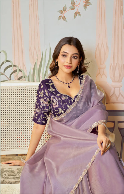 Lavender Zari Organza Embroidery Party Wear Saree