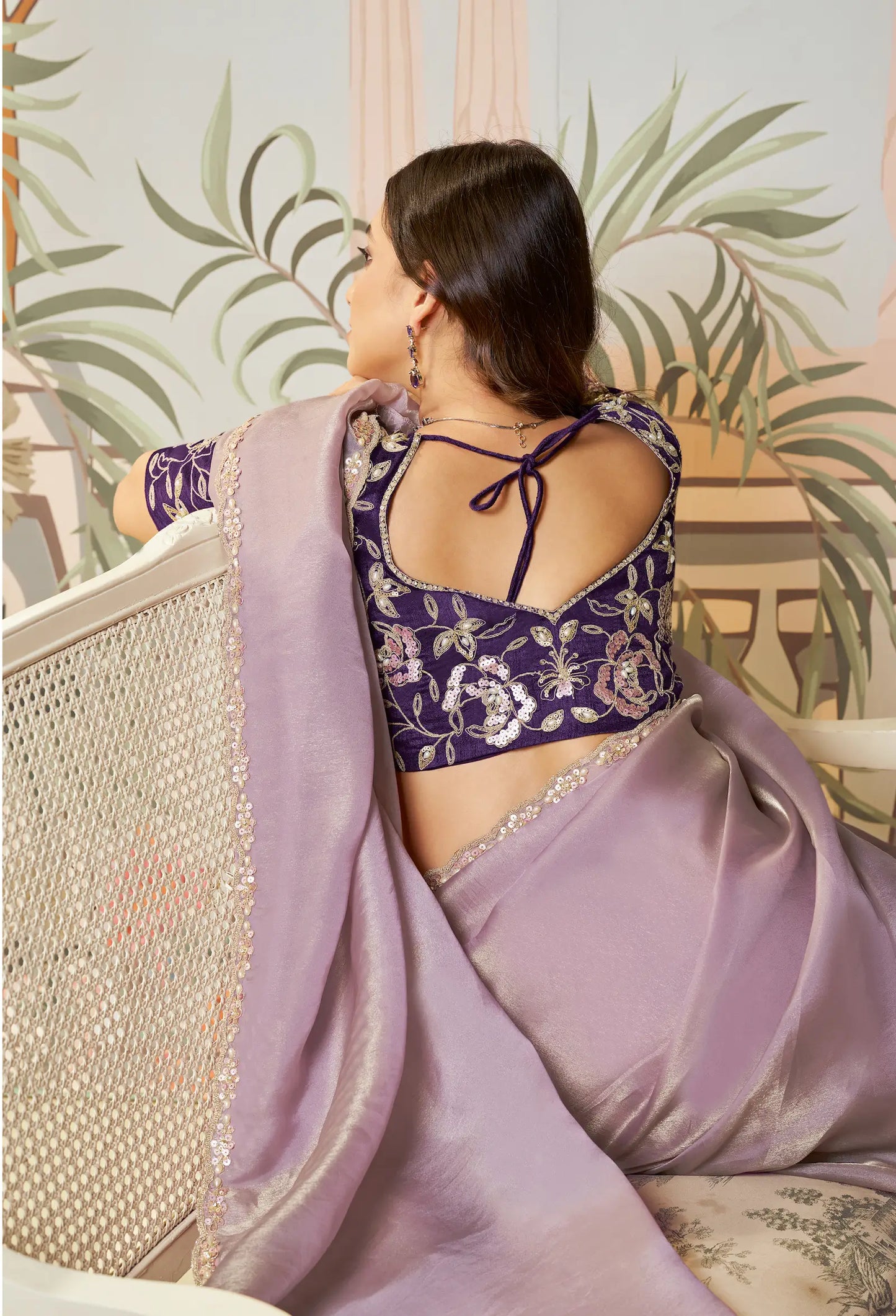 Lavender Zari Organza Embroidery Party Wear Saree
