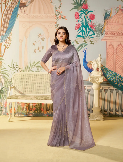 Light Mauve Satin Organza Embroidery Party Wear Saree