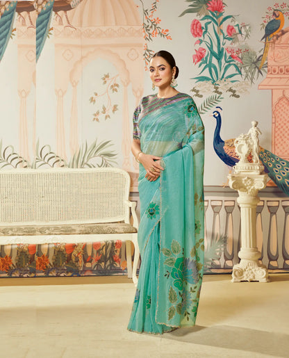 Glaciar Blue Satin Organza Embroidery Party Wear Saree