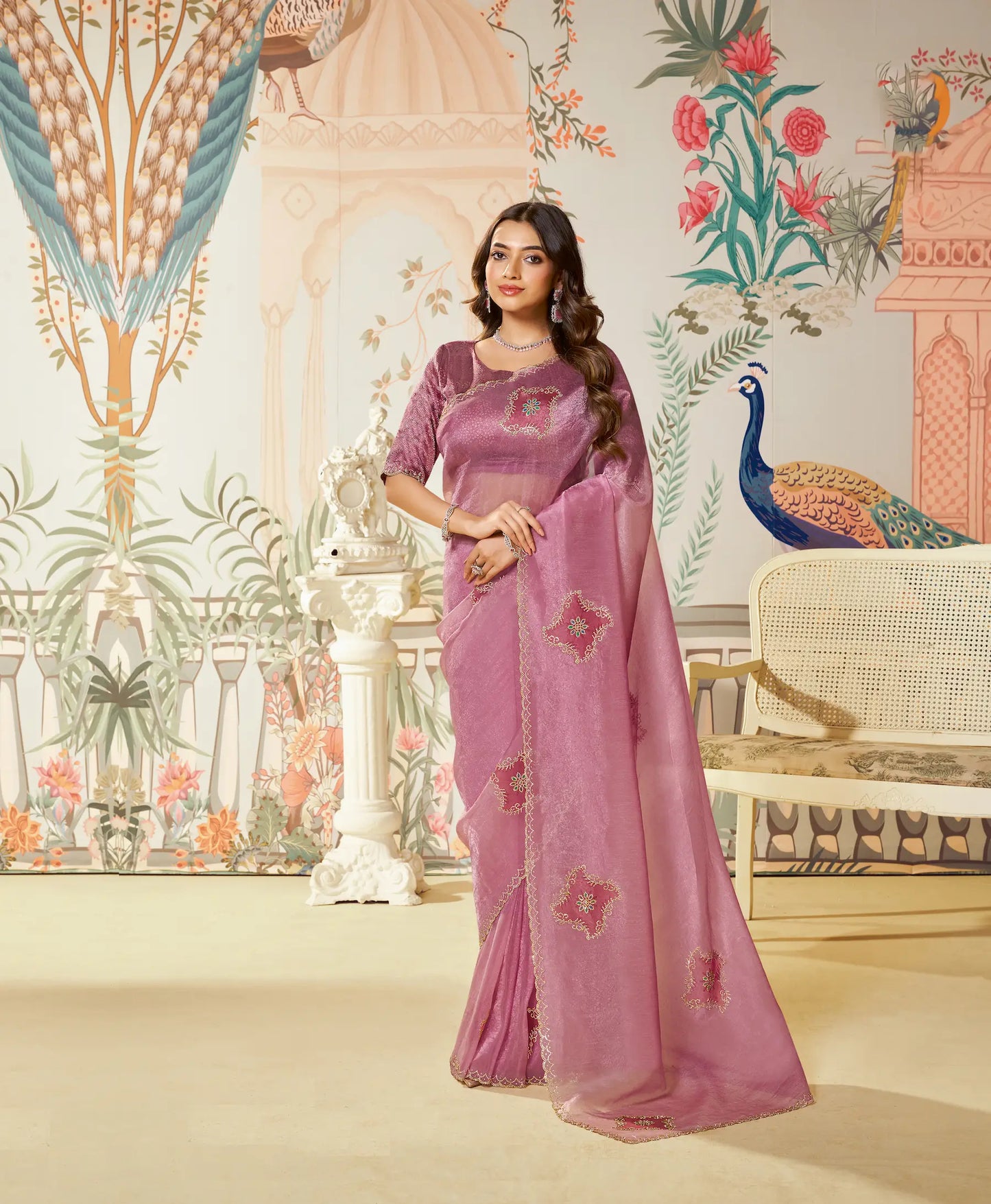 Old Pink Satin Organza Embroidery Party Wear Saree