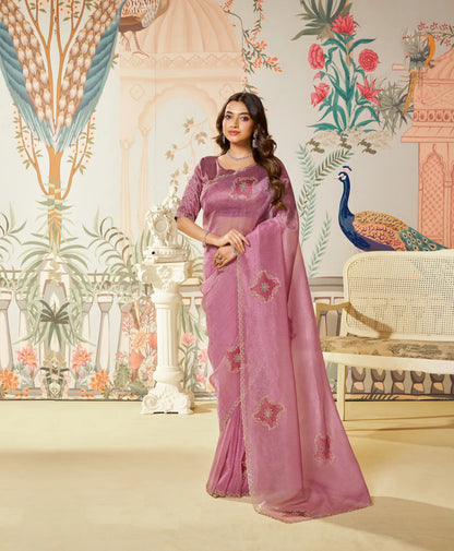 Old Pink Satin Organza Embroidery Party Wear Saree