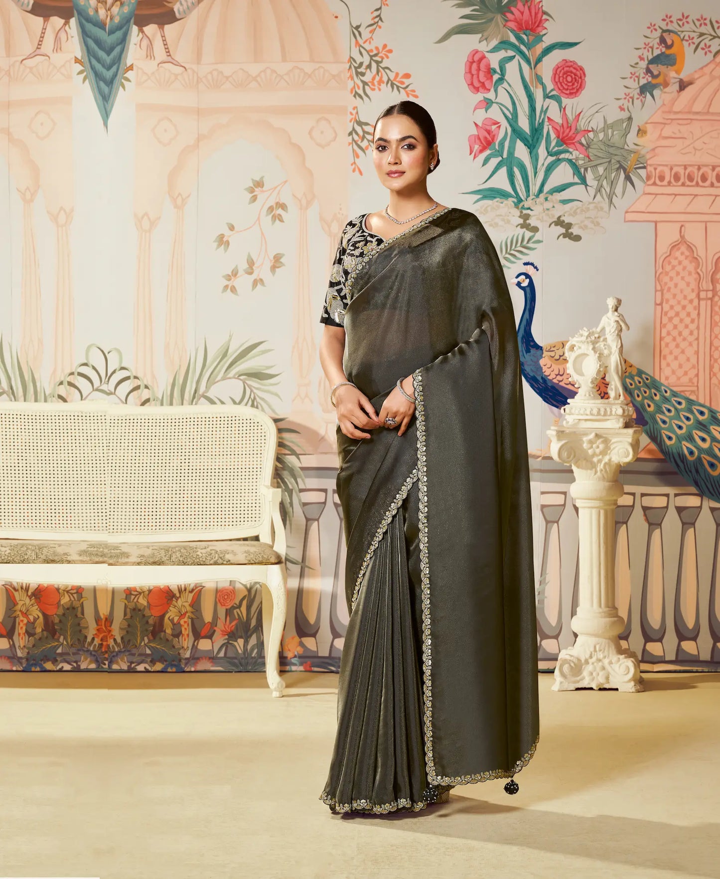 Charcoal Black Zari Organza Embroidery Party Wear Saree