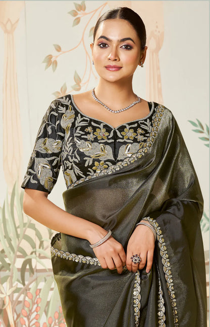 Charcoal Black Zari Organza Embroidery Party Wear Saree