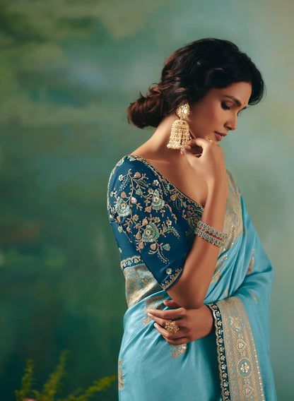 Sky Blue Dola Silk Saree With Embroidery Work Blouse