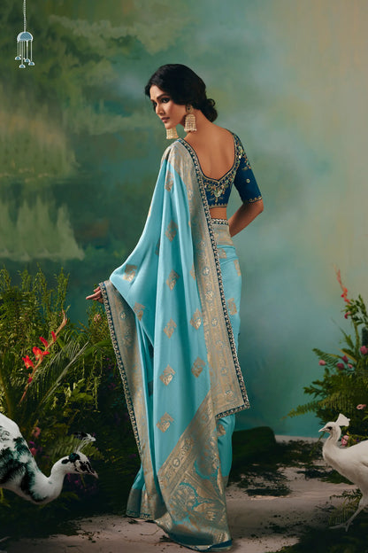 Sky Blue Dola Silk Saree With Embroidery Work Blouse