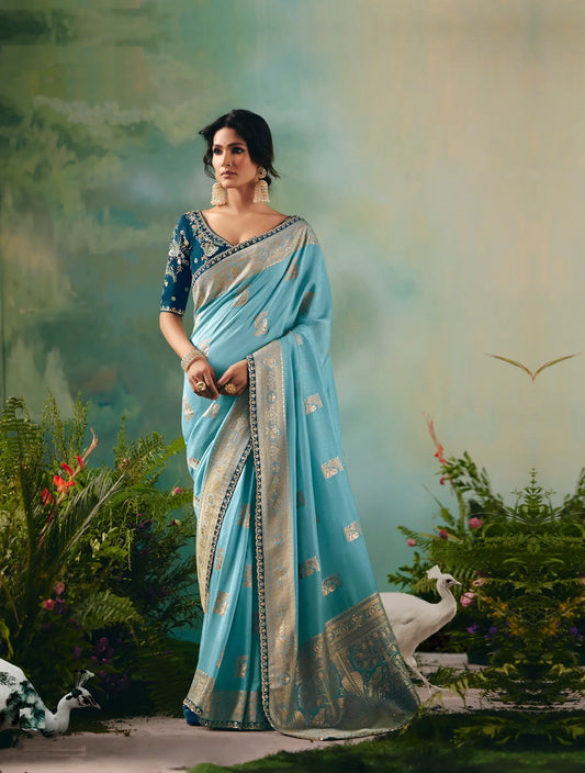 Sky Blue Dola Silk Saree With Embroidery Work Blouse