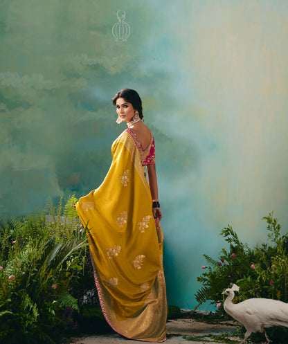 Bee Yellow Dola Silk Saree With Embroidery Work Blouse