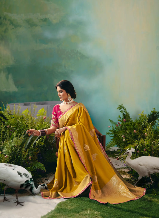 Bee Yellow Dola Silk Saree With Embroidery Work Blouse