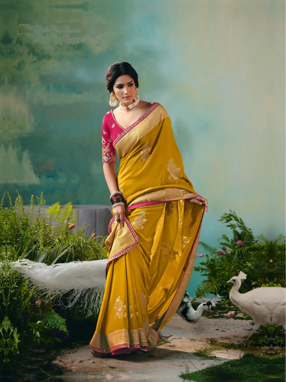 Bee Yellow Dola Silk Saree With Embroidery Work Blouse