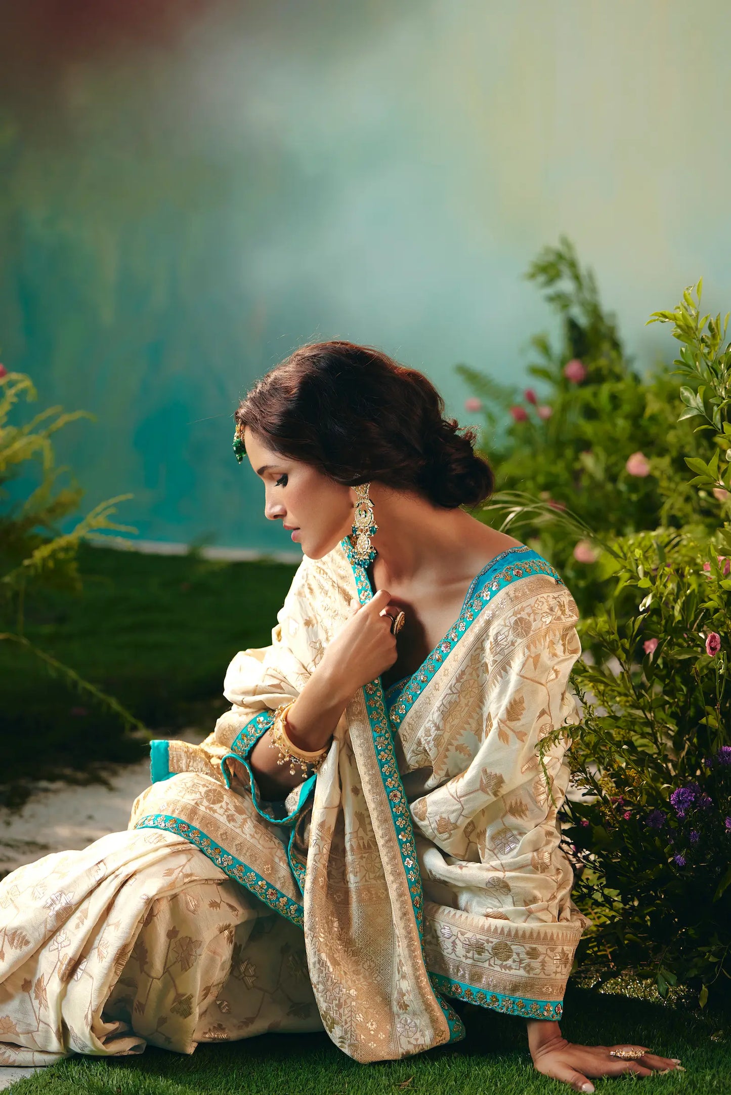 Antique White Dola Silk Saree With Embroidery Work Blouse