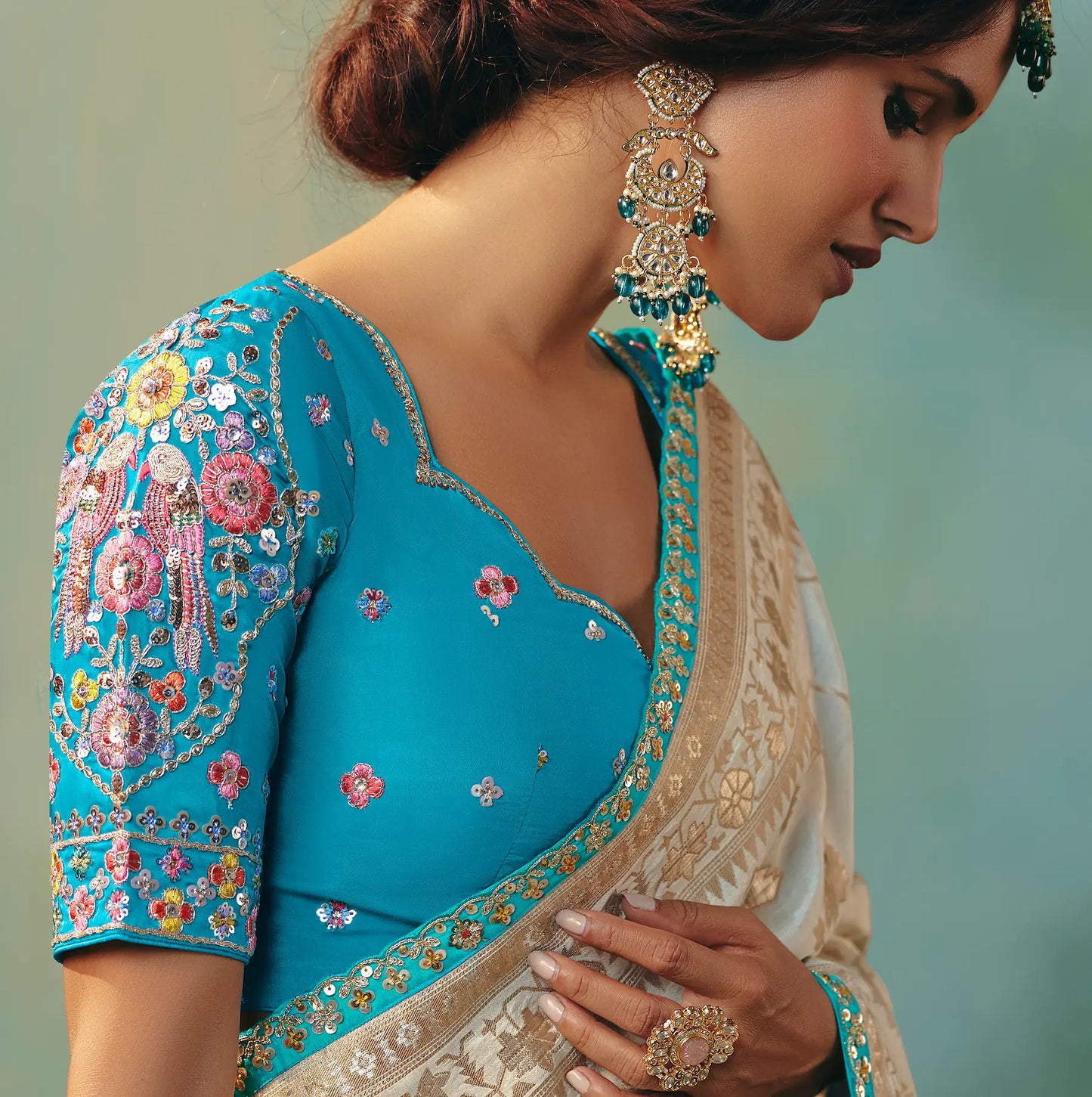 Antique White Dola Silk Saree With Embroidery Work Blouse