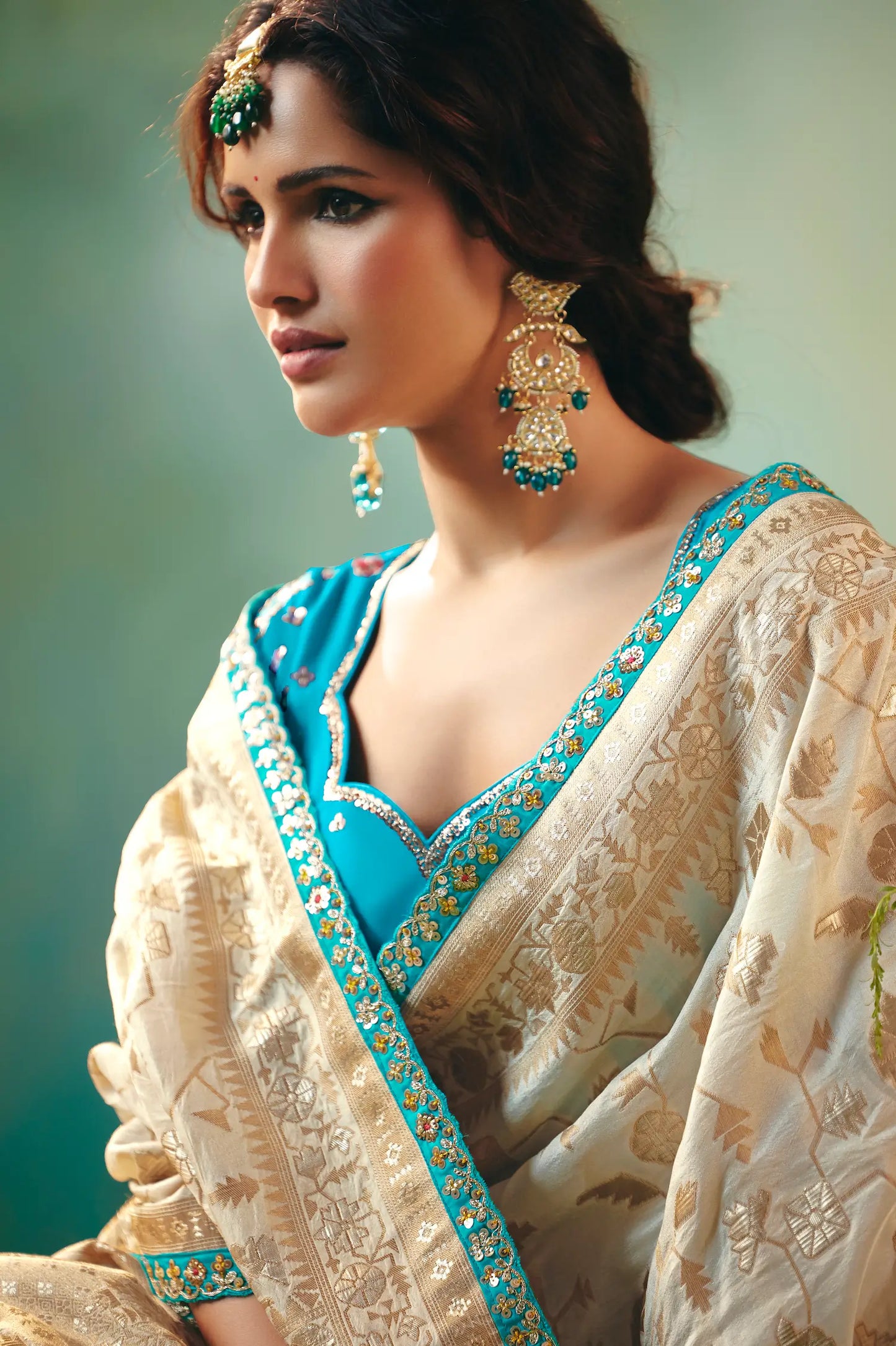 Antique White Dola Silk Saree With Embroidery Work Blouse